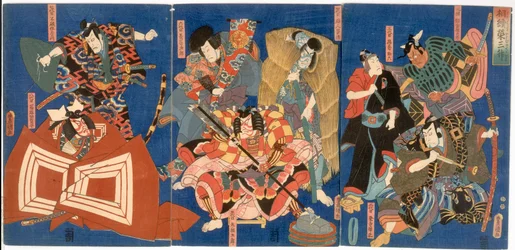 年ごとの願いのバケット：市川藩の継承された栄光、江戸時代、c.1850（カラー木版画）